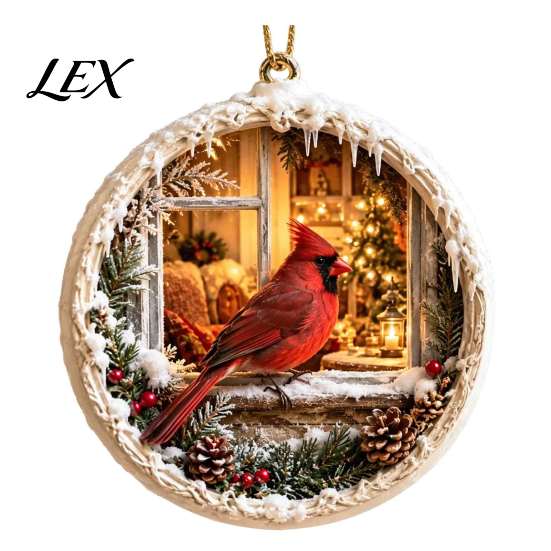 Nature Inspired Seasonal Decorations Acrylic Christmas Red Bird Ornament, Snow Scene Pattern Xmas Tree Pendant Hanging Decor, Retro Round for