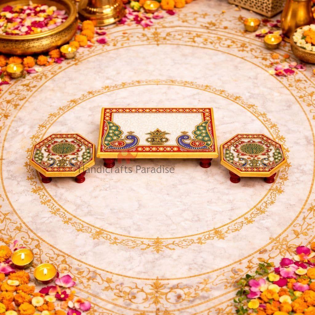 Handicrafts Paradise ( 6 x 4 & 4 x 4 inch, Set of 3Pc Marble Puja Chowki with Intricate Painting for Mandir, Idols Statues Pratima, Bajot