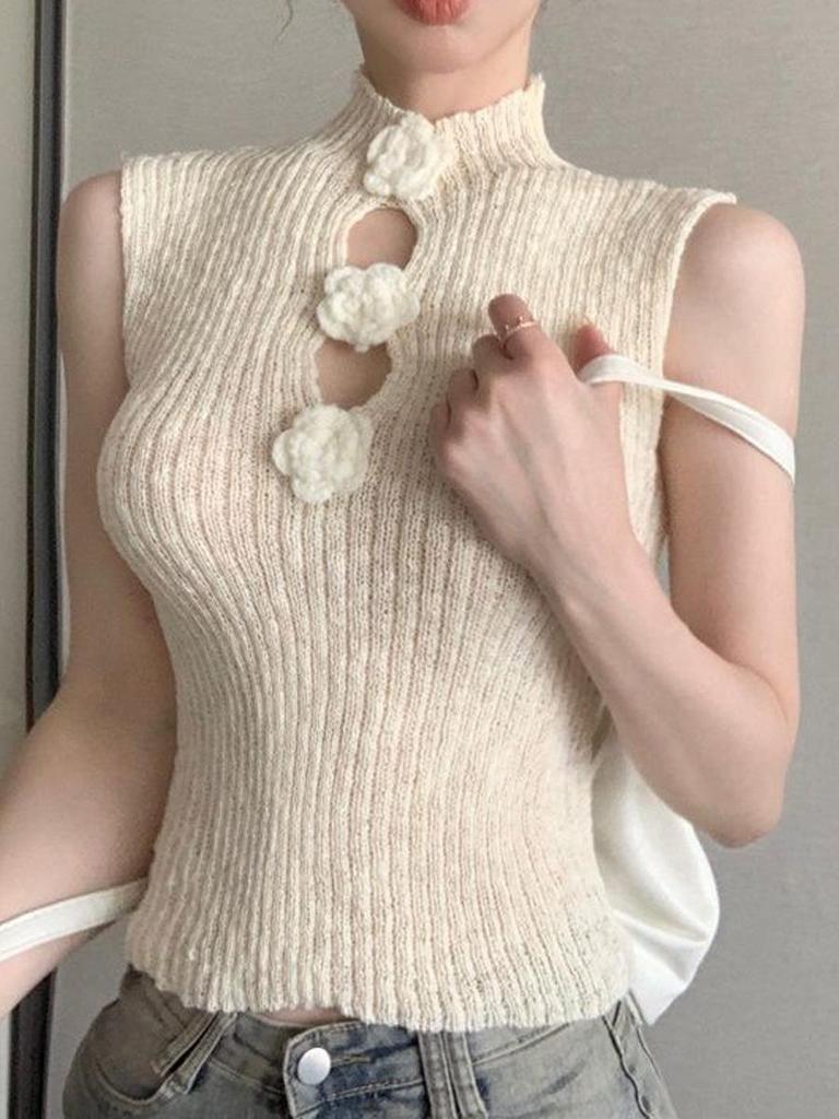 Spicy Girl Sexy Knit Sleeveless Vest with 3D Flower Design 
