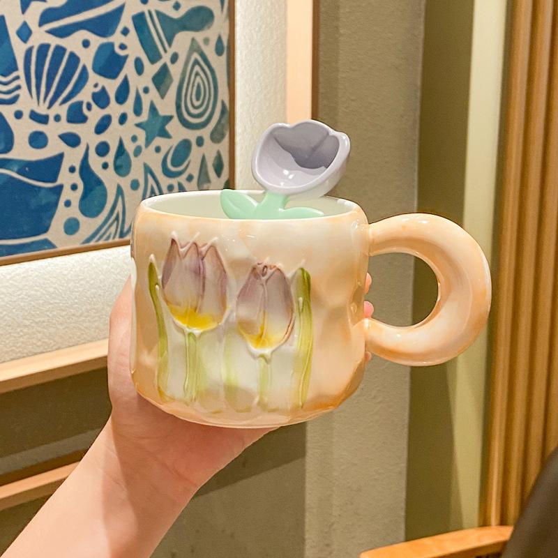 Ins Cute Tulip Mug Design Sense Ceramic Water Cup Souvenir Event Gift Office Coffee Cup