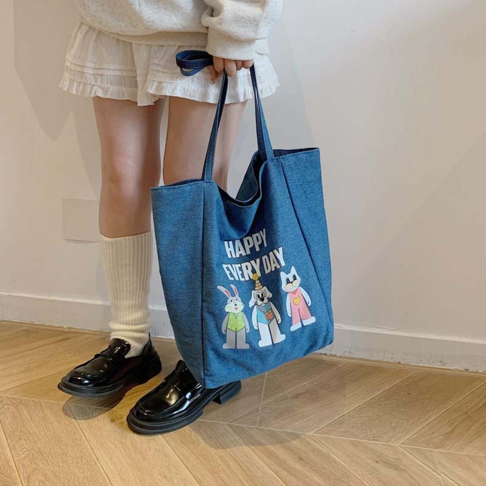 Cartoon Animal Denim Blue Handbag Large Capacity Women Canvas Bag Cute Double-sided Tote Bag  Daily