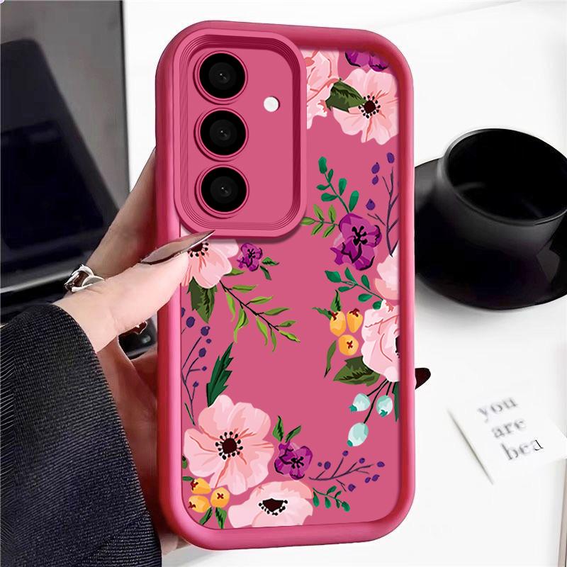 Floral Print TPU Shockproof Phone Case For Samsung S25 Ultra S24 FE S23 Plus A56 A36 A16 A15 A55 A06 Soft Silicone Lens Protection Matte Bumper Cover