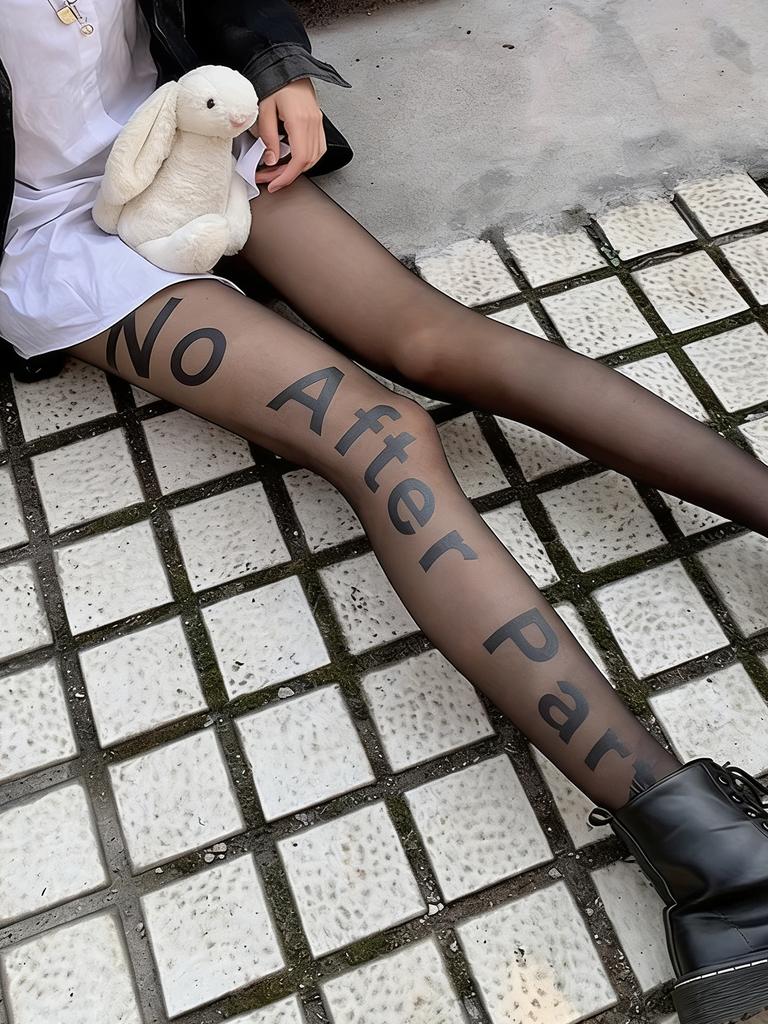 1 Pc Women'S Black Sheer Tights Letter Print, Versatile Hosiery For Daily Casual Wear & Subculture Outfits