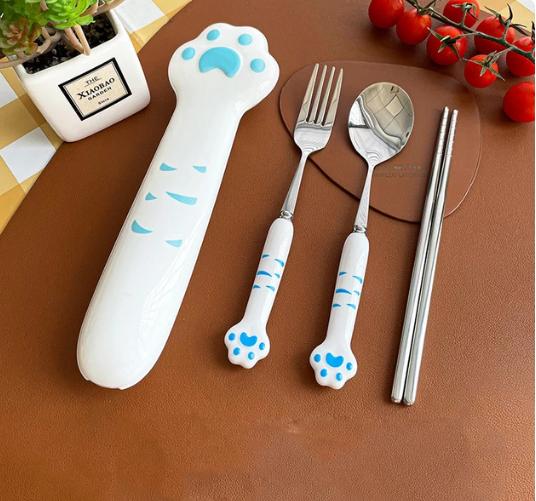 Stainless Steel Spoon And Fork Set With Storage Box Portable Cutlery Cute Cat Claw Cutlery Set Lunch Box Accessories
