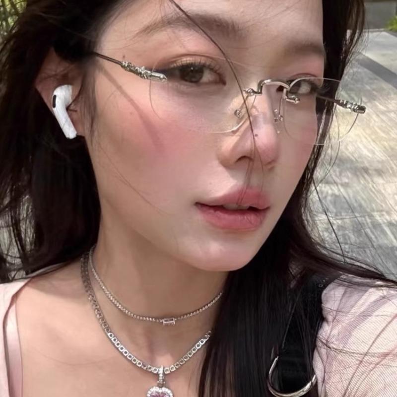 Korean Rimless Anti Blue Light Glasses Unisex Silver Fashion Intellectual Square Frame Clear Lens Computer Reading Eyewear