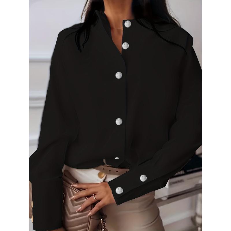 Women's Autumn Solid Color Metal Buckle Long-Sleeve Stand-Up Collar Shirt