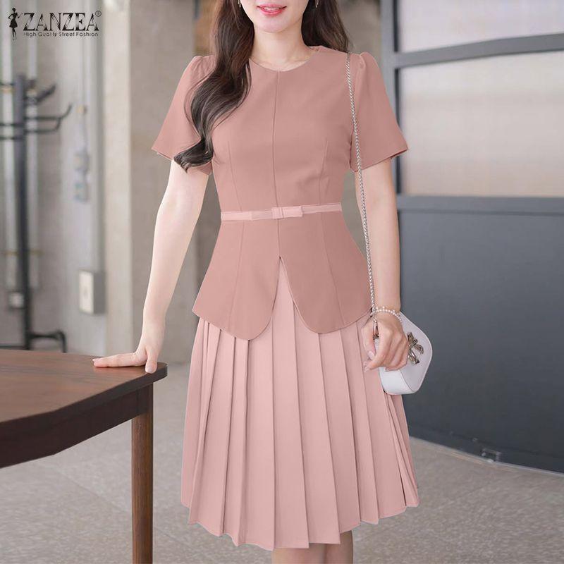 ZANZEA Womens Casual Round Neck Pleated Hem Patchwork Commute Short Sleeve Dress