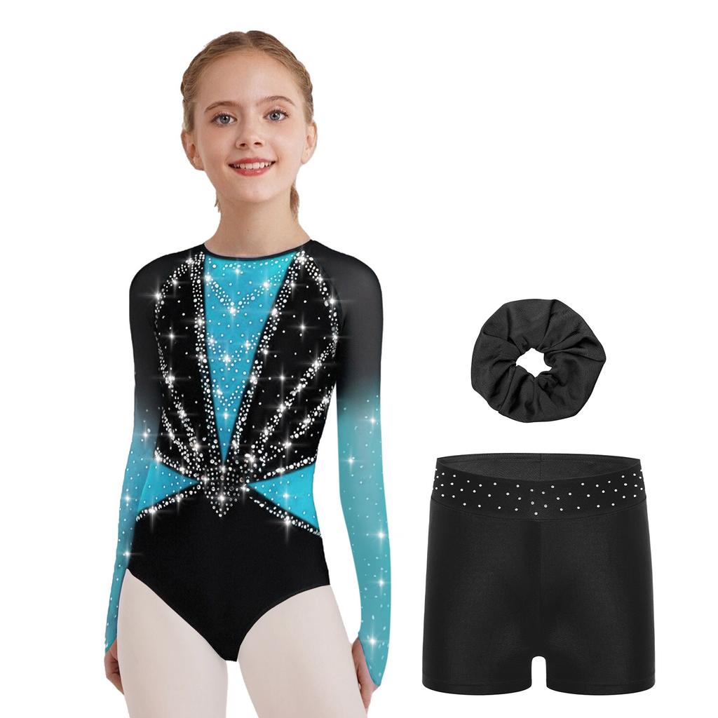Mädchen Turnanzug Netz Langarm Leotard Strass-Dekor Shorts Stirnband Set