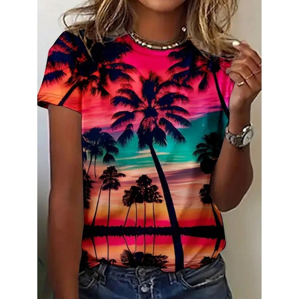 Damen Schöne T-Shirts mit Blumendruck Kurzarm T-Shirts Oberteile 3D-Drucke O-Ausschnitt Shirt Sommer Freizeit Damenbekleidung