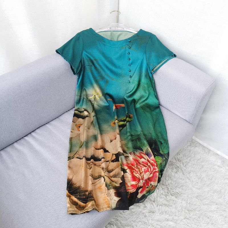 Silk Satin Dress Middle-Aged and Elderly Mulberry Silk Skirt Women Western Style Printed Loose Mid Length Long Length over the Knee Cover Belly