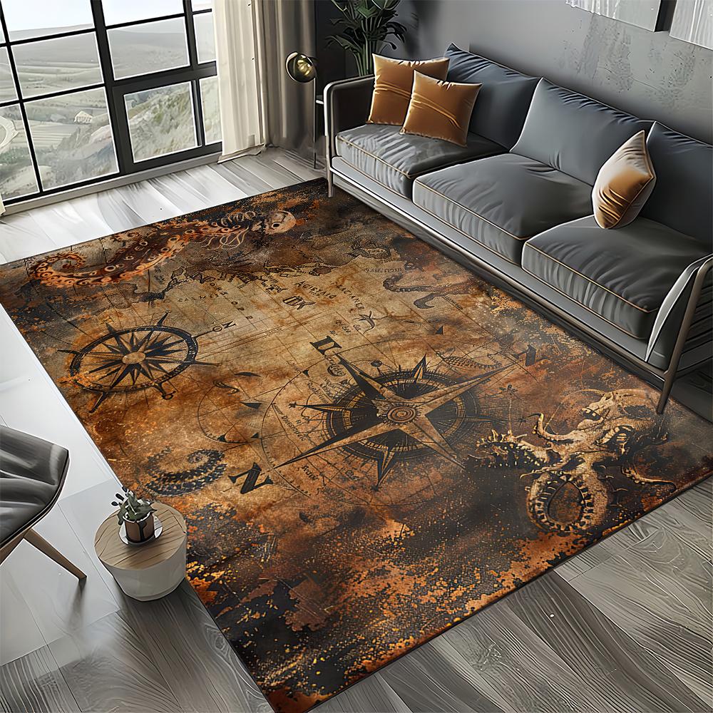 2025 New Style Retro Marine Nautical Chart Compass Carpet Rug for Home Living Room Bedroom Sofa Doormat Decor,Non-slip Floor Mat