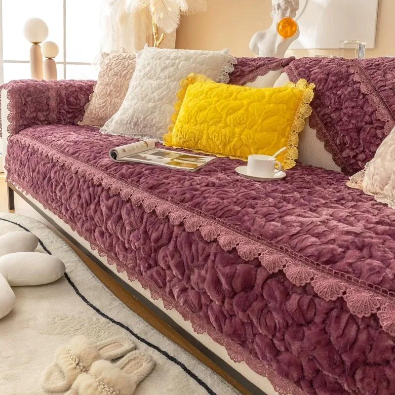 

Современные плюшевые диванные подушки, зимние кружевные фланелевые чехлы для диванов, однотонные нескользящие чехлы для диванов на четыре сезона, декор для диванов 1/2/3 сидений 90x210cm 1pcs