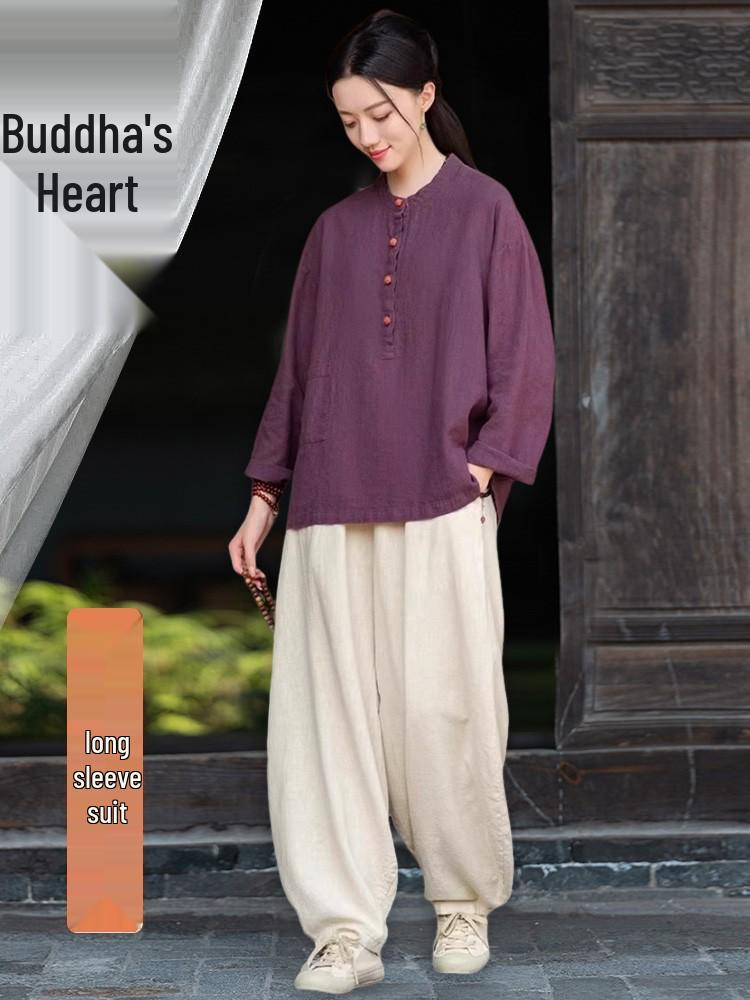 Women's Cotton Linen Zen Meditation Suit with Frog Button Shirt