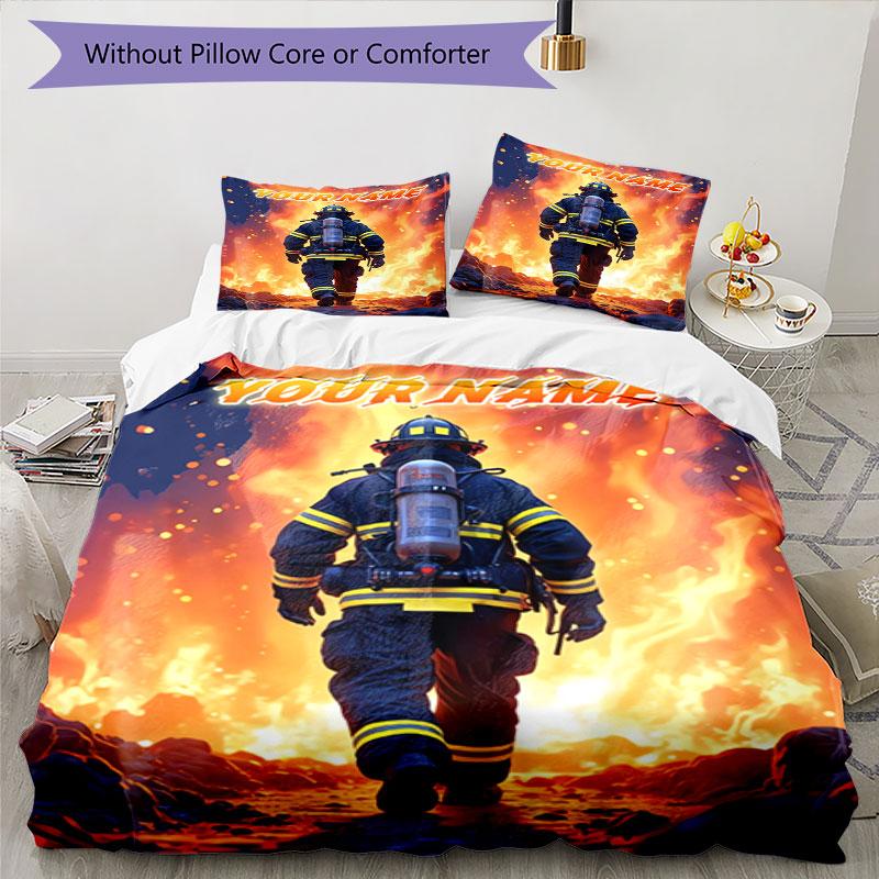 3PC Custom Name Firefighter Bravery Flames Bedding Set Duvet Cover Closure Includes 1 Duvet Cover & 2 Pillowcases for Bedroom