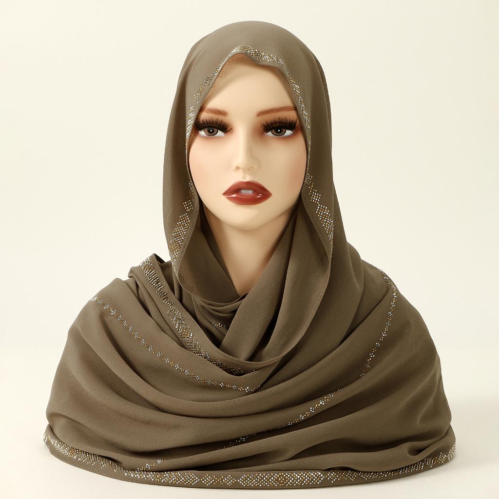 New Rhinestone Chiffon Hijab Scarf Women Muslim Hijab Shawl Plain Soft Headband Fashion Solid Color Long Muffler Islam Turban