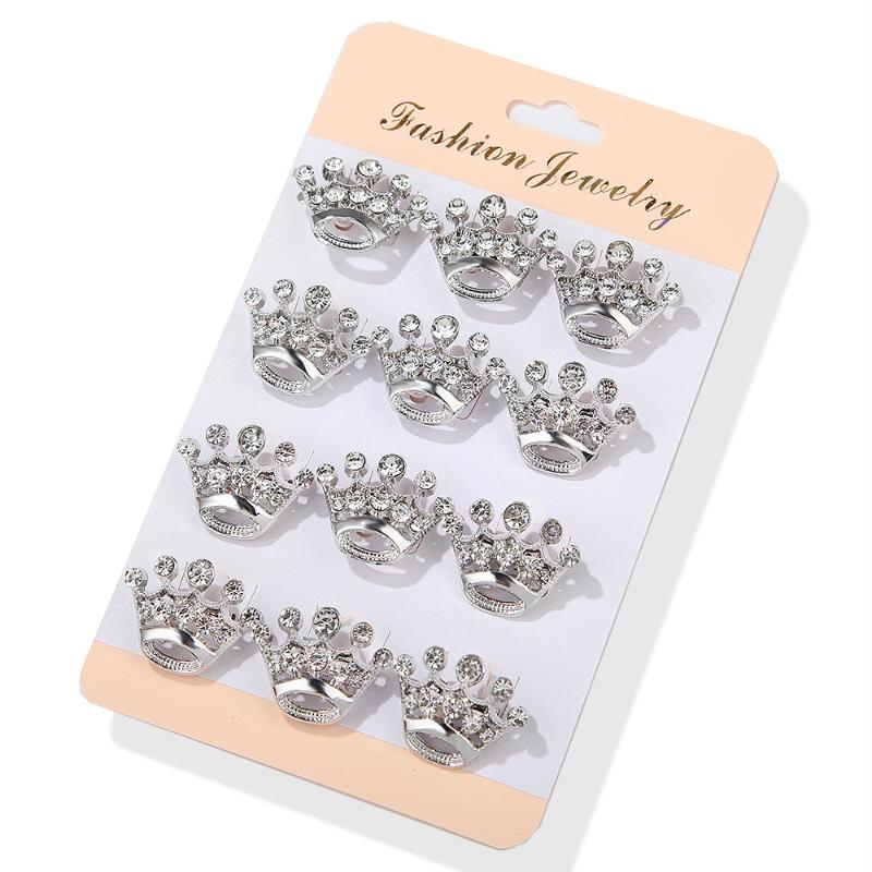 12PCS Mini Rhinestone Crown Brooch Shiny Crystal Lapel Pin Elegant Wedding Dress Badge for Bridal Daily Outfit Decor
