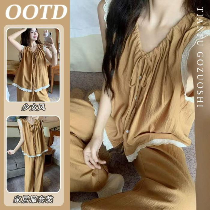 

[High-quality cloud cotton] Pajamas ladies summer ins lazy and sweet lace student dormitory can be worn outside home M
