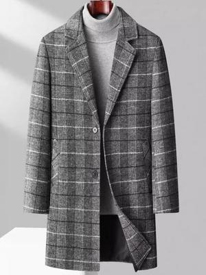 Men's Mid-length Woolen Plaid Coat for Autumn/Winter - Business Casual, Cotton-Added, Thickened.