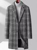 Men's Mid-length Woolen Plaid Coat for Autumn/Winter - Business Casual, Cotton-Added, Thickened.