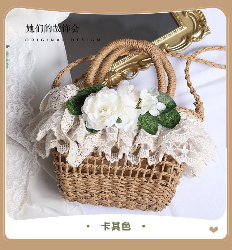 

JIAERDI Fairycore Flower Woven Bag Women 2025 New Vacation Sea Lolita Straw Bags Female Travel Hollow Out Beach Bag Aesthetic 20x15x7.5cm коричневый