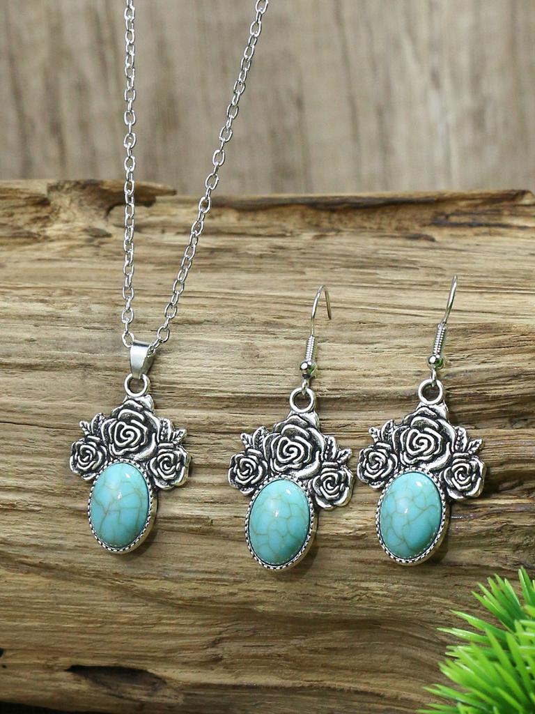 Bohemian Zircon Set Simple Turquoise Earrings Silver Geometric Set Turquoise Pendant Necklace