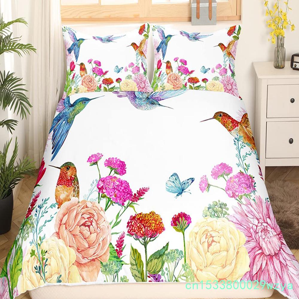 Copripiumino Floreale Colibrì Set Biancheria da Letto Uccelli Blu Verde Primavera Animali Selvatici Coperta Trapuntata Botanica Coperta Trapunta in Poliestere