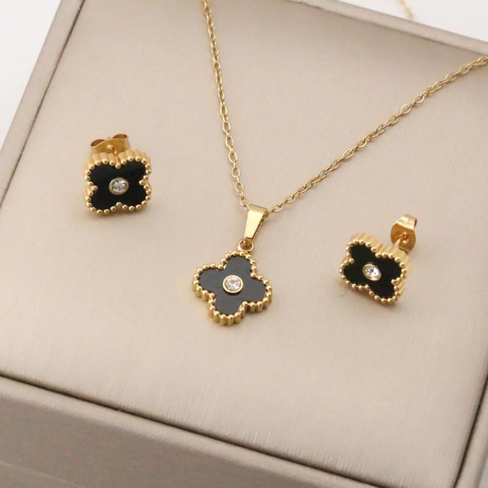 Titanium Steel Four-leaf Clover Shell Necklace and Earrings for Women's Fashion Jewelry