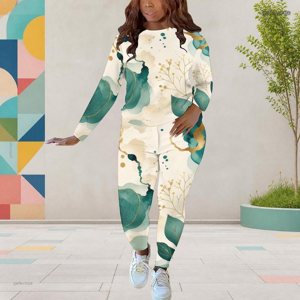 Women Plus Size Round Neck Long Sleeve Printed Top And Fitted Pants Two Piece Set