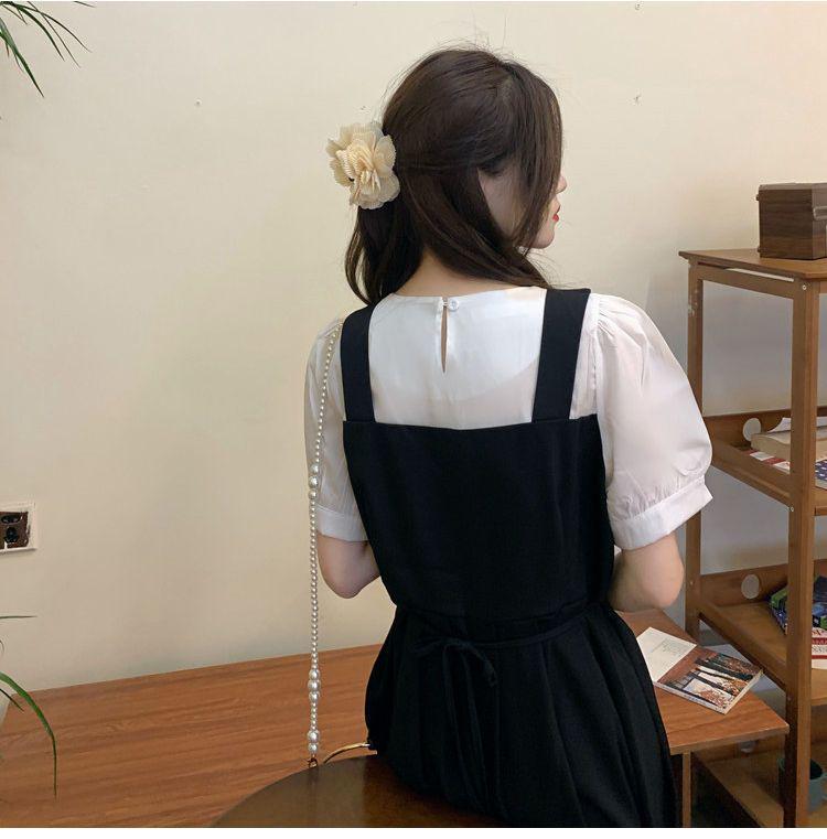 Damen Sommer Faux Zweiteiler Schwarzes Kleid - Französischer Retro, Trägerlang Patchwork Rock