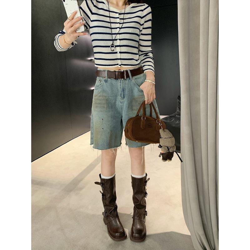 Nappaversion~ tjocksuliga byxstövlar dam höst nischdesign bältesspänne westernstövlar veckade mellanhöga stackstövlar dam