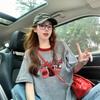 Women's Cotton Mid Length T Shirt Color Block Crew Neck Loose Oversized Graphic Print Short Sleeve Top
