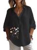 Plus Size Women Lapel Neck Cotton Linen 3/4 Sleeve Shirt Spring&Autumn Casual Floral Print Blouses