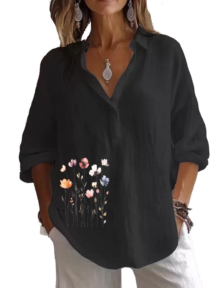 Plus Size Women Lapel Neck Cotton Linen 3/4 Sleeve Shirt Spring&Autumn Casual Floral Print Blouses