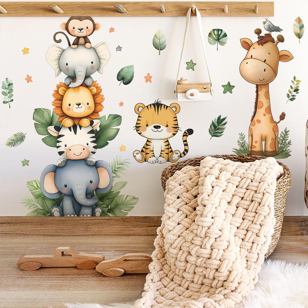 Nordische Cartoon-Tiere Wandaufkleber für Kinderzimmerdekoration Wald Giraffe Elefant Affe Löwe Tapete