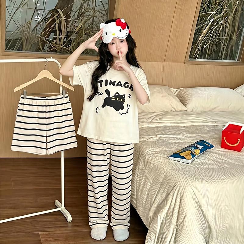Girls' Cartoon Pajama Set - Short Sleeve, Long Pants, 3-Piece Summer Sleepwear for Kids