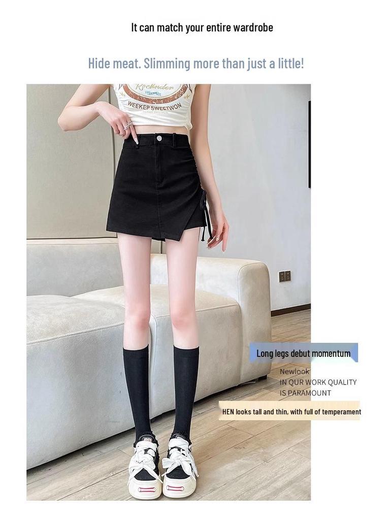 2024 Summer Women's Black Spicy Girl Ruched High Waist Irregular A-line Mini Skirt Pants