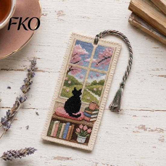 Delicate Stitching Bookmark DIY Stitch Kit for Adults Beginners, Seasonal Cat Retro Handmade Embroidery Kit, Gifts Lovers, Readers Craftsmanship
