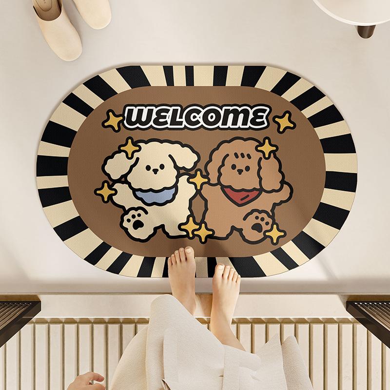 Cartoon Puppy Bathroom Diatom Mud Floor Mat Water Absorption Non-slip Wear-resistant Bathroom Household Oval Door Mat Toilet Mat