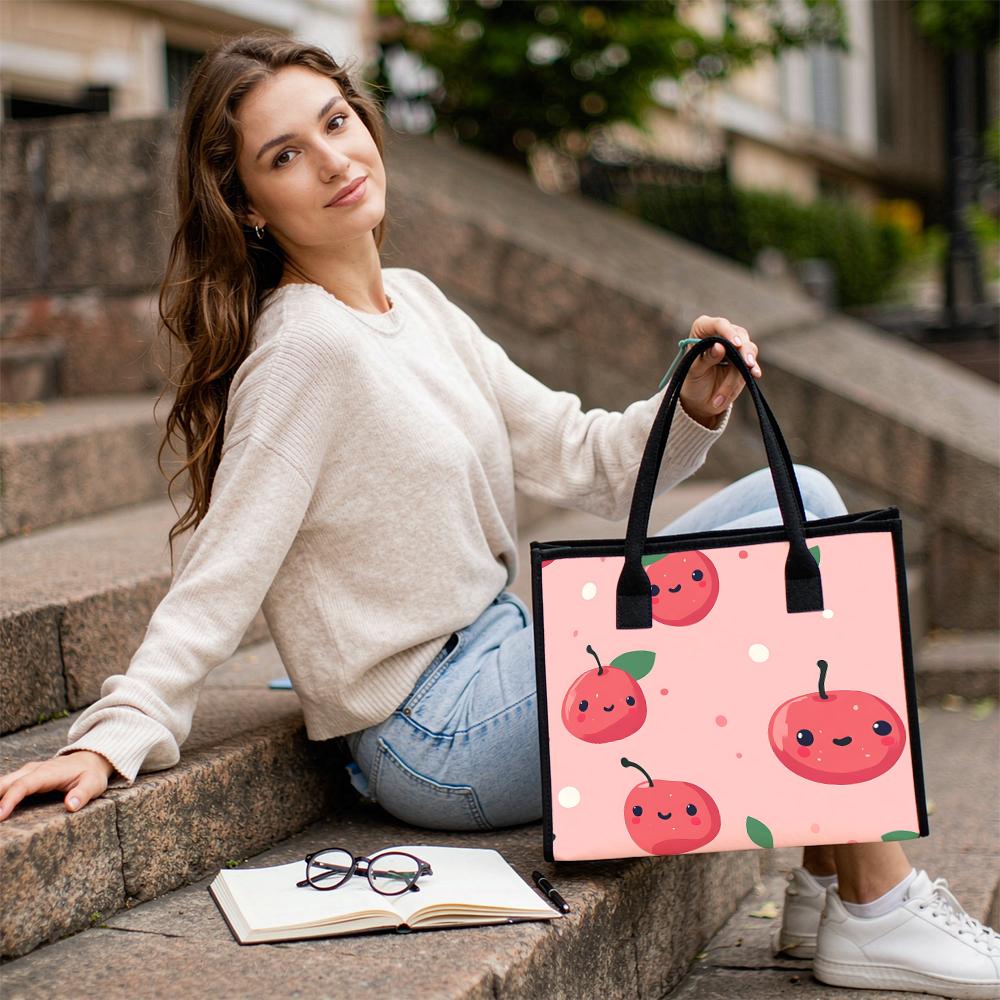 Cute Cherry Printed Tote Bag Casual Lightweight Handbag for Daily Shopping Use