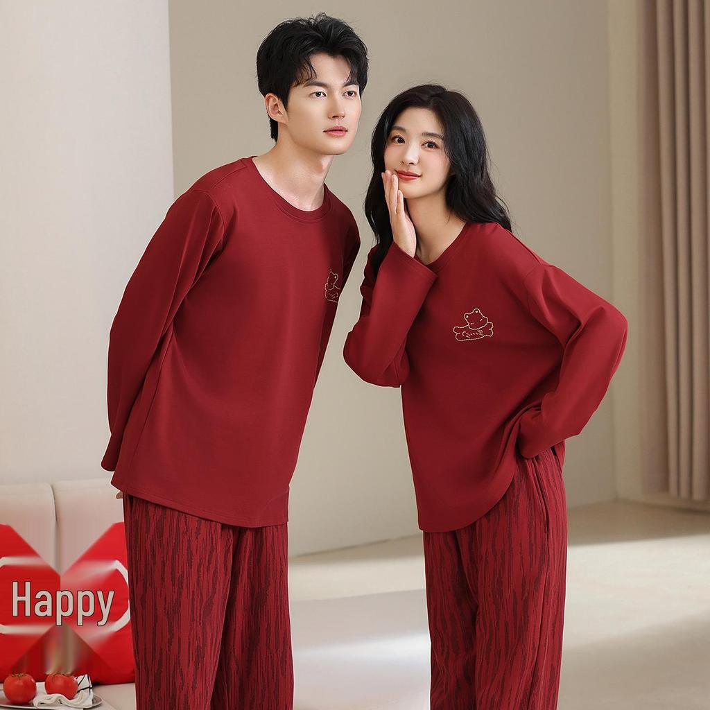 Tencel Cotton Red Wedding Pajamas for Couples: Year of the Rat Festive Long Sleeve Pullover Set for Spring and Autumn