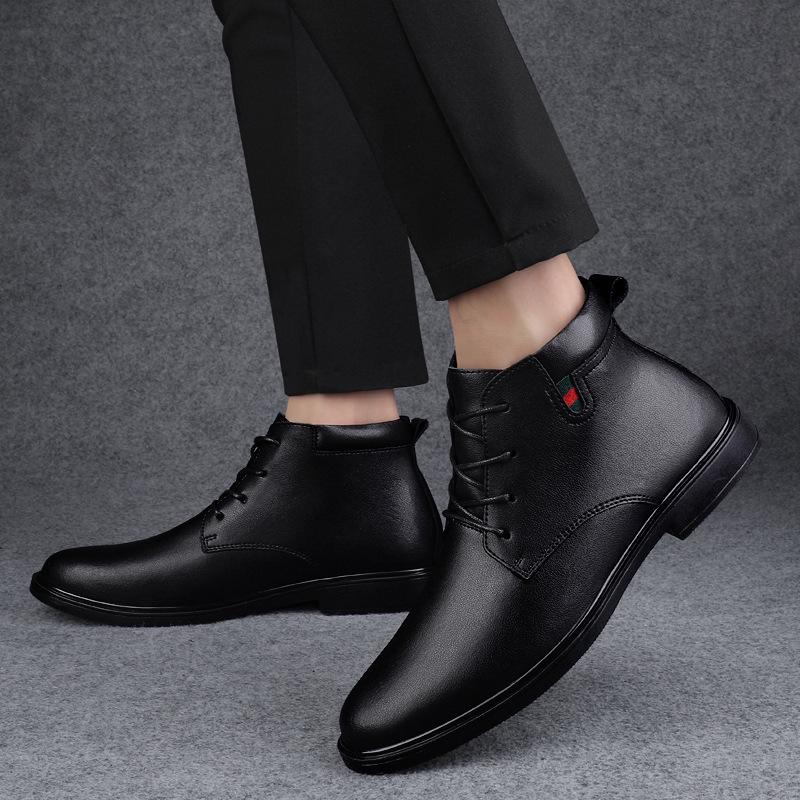 Men's Cross-Border High-Top Leather Boots - Autumn/Winter Cowhide Lace-Up Business Casual Formal Boots with Warm Velvet Lining