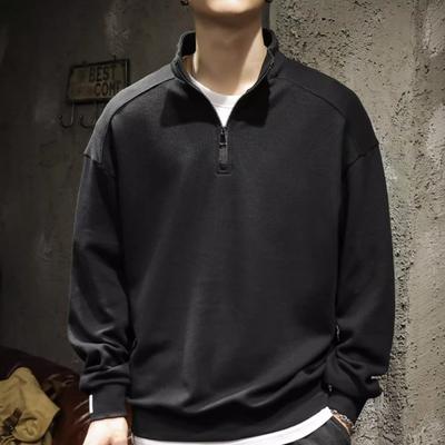 Yousheng Men Sweatshirt Half Zipper Elastic Cuffs Long Sleeves Stand Collar Loose Pure Color Casual Daily Wear School Mid Length Top