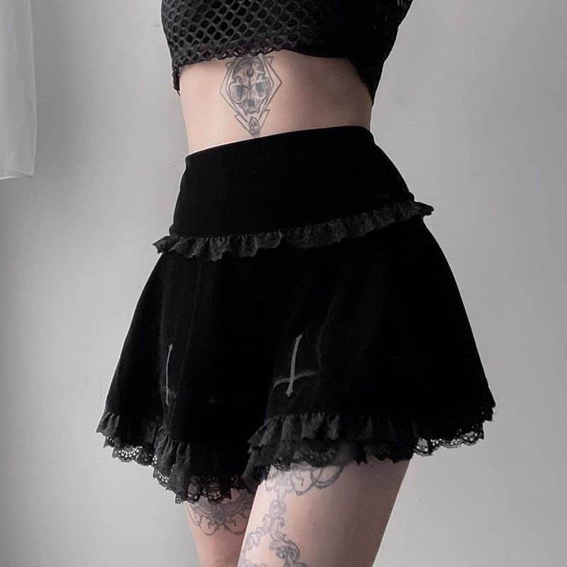 Women Gothic Velvet Mini Skirt High Waist Cross Embroidery Lace Ruffled Hem Short Skirt Winter Streetwear