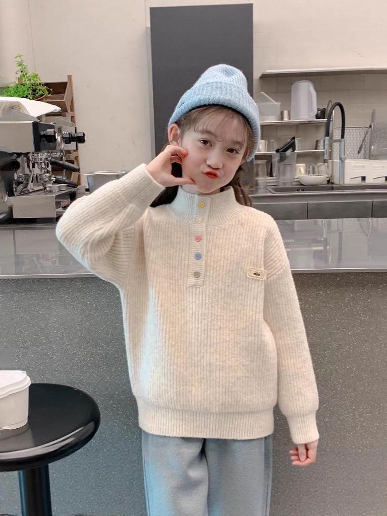 2026 Korean-Style Girls' Velvet Sweater - High Collar, Thick, Warm Winter Long Sleeve