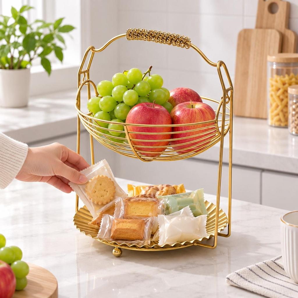 Two-Tier Fruit and Snack Basket Modern Kitchen Counter Organizer Wipe-Clean