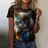 Maglietta da donna alla moda, con stampa 3D, motivo a gatto kawaii, a maniche corte, girocollo, estiva, casual, da strada, semplice