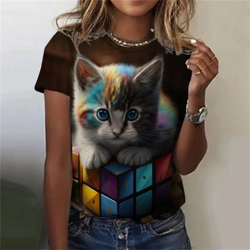 Maglietta da donna alla moda, con stampa 3D, motivo a gatto kawaii, a maniche corte, girocollo, estiva, casual, da strada, semplice