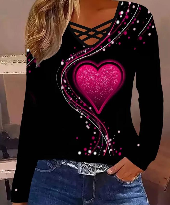 

Heart Pattern Criss-Cross Strap Long Sleeve Women s T-Shirt Extra Large рожевий червоний колір