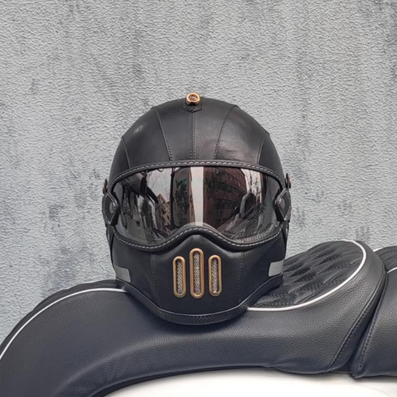 Classic Old School Pig Nose Full Face Motorcycle Helmet DOT Approved Scooter Riding Biker Aesthetic Stitching Details Men