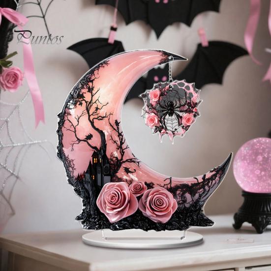 Cute Witchy Desk Accessories Halloween Dark Style Table Decorations, Acrylic Pink And Black Gothic Centerpiece, Fashionable Store Window Ornaments